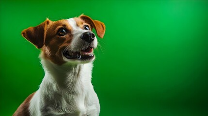 Portrait of a dog on a green background in the studio. Dog with green screen, chroma screen background image. Dog Studio photo, image . Concept for animal, zoology and capture for adverb. and banner