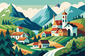 Naklejka premium charming vector illustration of a mountainous village with church and scenic landscape.