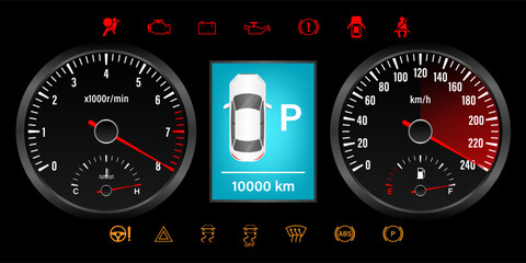 Fototapeta premium Car Dashboard. Car Panel Display. Car Speedometer Dashboard. Tachometer or Odometer Display. High Speed Concept. Vector Illustration.