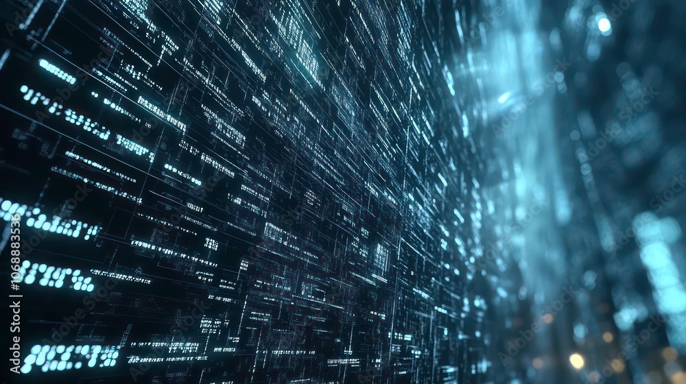 Poster Abstract digital landscape with flowing data streams and light effects.