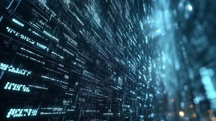 Abstract digital landscape with flowing data streams and light effects.