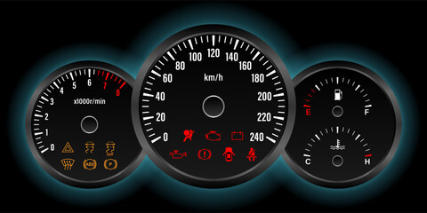 Car Dashboard. Car Panel Display. Car Speedometer Dashboard. Tachometer or Odometer Display. Vector Illustration.