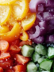 A colorful salad with a variety of vegetables including tomatoes, cucumbers