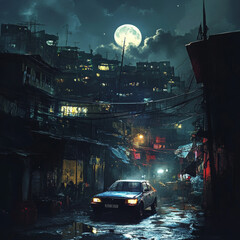 A car drives into the slum, its headlights casting eerie shadows under the moonlight, revealing a scene of stark contrast.