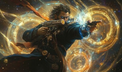 Time traveler wielding a futuristic weapon.