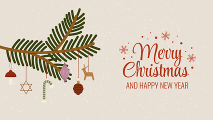 Merry Christmas Greeting Banner with Pine Branch and Handmade Ornaments