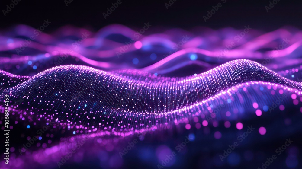 Poster abstract representation of flowing waves with glowing particles in purple hues.