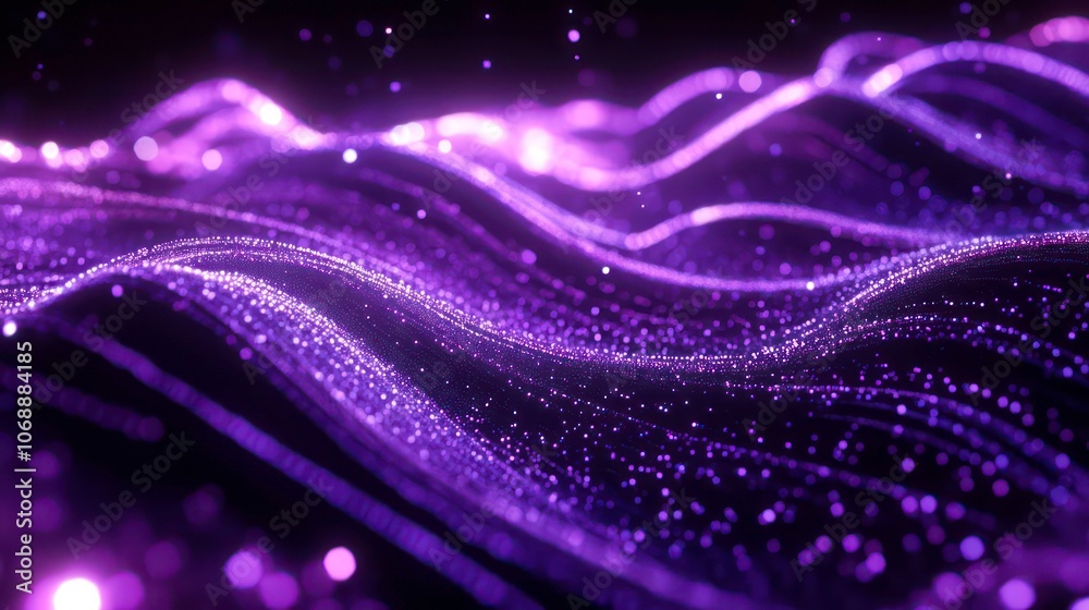 Poster A futuristic wave. Purple light-up neon background. Computer network technology. Digital science concept. Digital technology background.
