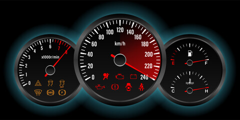 Car Dashboard. Car Panel Display. Car Speedometer Dashboard. Tachometer or Odometer Display. High Speed Concept. Vector Illustration.