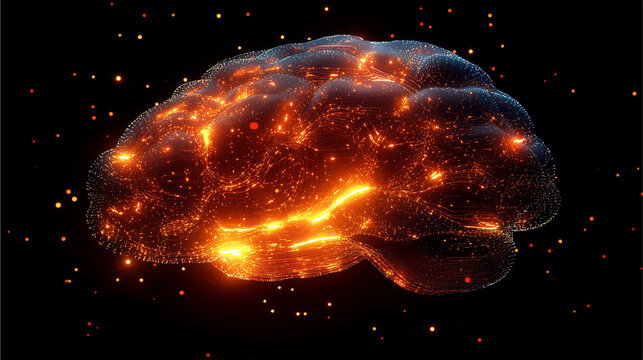 A digital brain made up of glowing circuits and data streams, representing artificial intelligence