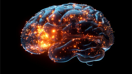 A digital brain made up of glowing circuits and data streams, representing artificial intelligence