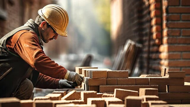 A builder is laying a red brick wall.