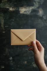 A hand holding a brown envelope. The envelope is brown and has a design on it