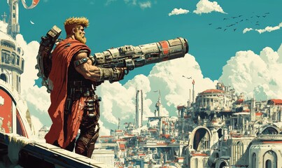 A man with a gun looks over a futuristic city.