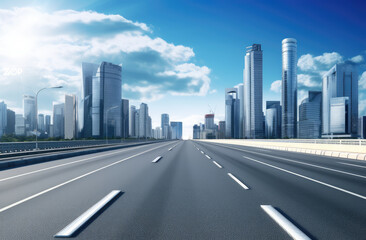 Urban Speed: Cityscape Highway under Blue Skies