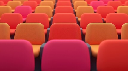 Obraz premium A colorful arrangement of upholstered chairs, highlighting vibrant reds, oranges, and pinks in a symmetrical pattern.