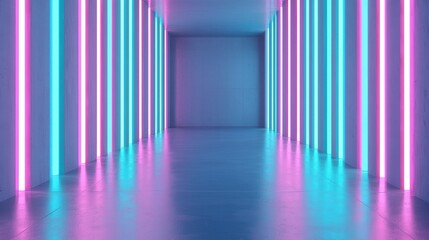 Obraz premium A vibrant, futuristic hallway illuminated by neon pink and blue lights, creating a surreal atmosphere with sleek, reflective flooring.
