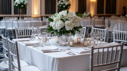 Elegant banquet table set with white flowers and glassware, creating a sophisticated atmosphere for an event or celebration.