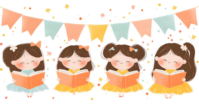 Happy children reading under a colorful book-themed banner, National Read Across America Day in school