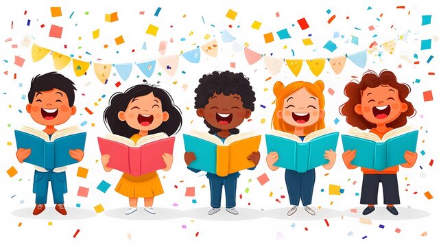 Happy children reading under a colorful book-themed banner, National Read Across America Day in school - Powered by Adobe