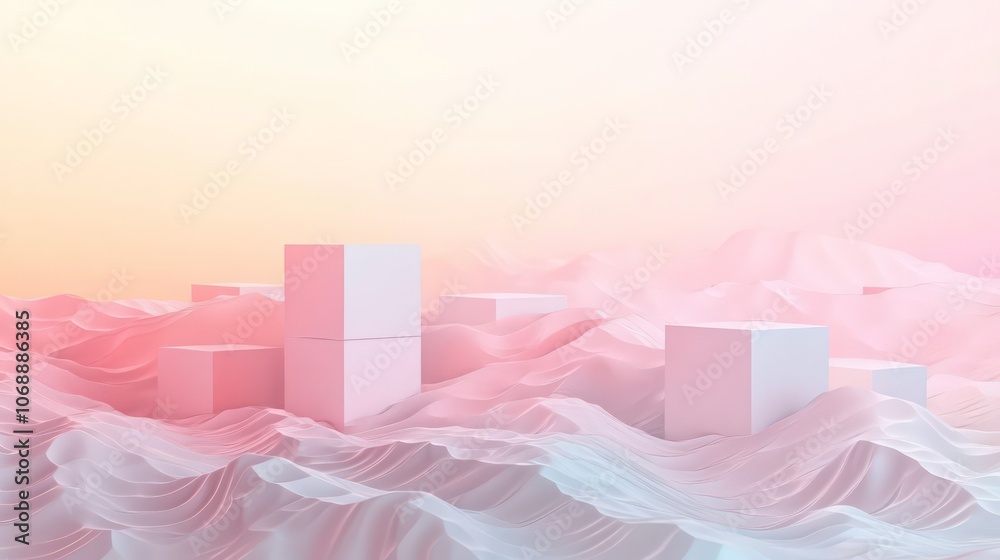 Poster abstract landscape featuring white cubes on soft, wavy terrain with a pastel gradient background.