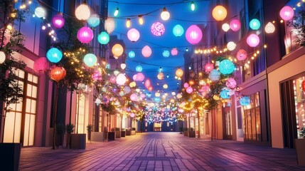Vibrant street adorned with colorful lanterns and lights at night.