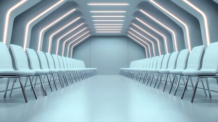 A modern, minimalist room with rows of white chairs under sleek, illuminated ceilings, creating a clean and futuristic atmosphere.