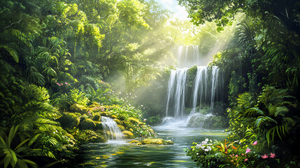 Fototapeta premium Water rushes over rocks, creating a breathtaking cascade in a lush, green forest