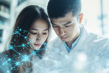 Scientists collaborating on research study with data visualization in a modern lab environment