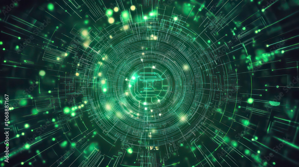 Poster Abstract digital design featuring glowing green lines and circular patterns.