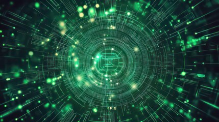 Fototapeta premium Abstract digital design featuring glowing green lines and circular patterns.