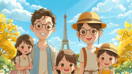A family of five stands in front of a famous landmark, smiling wide for the camera. They are dressed in matching outfits, and the excitement of their vacation is evident in their beaming faces