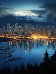 Naklejka premium Twilight Marina: City Lights and Mountain Peaks