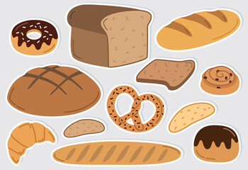Stickerpack of different bakery products and bread. Flat style elements of food