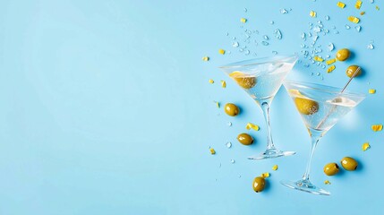 Two Dirty Martini Cocktails on Blue Background