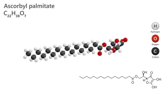 Ascorbyl Palmitate. Fatty acid ester. E304. Animated 3D model of a molecule. Molecular formula: C22H38O7. Chemical model: Ball and stick. White background. 3D rendering. Seamless loop.