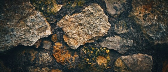 Obraz premium A textured close-up of various stones and rocks, showcasing natural patterns and colors.