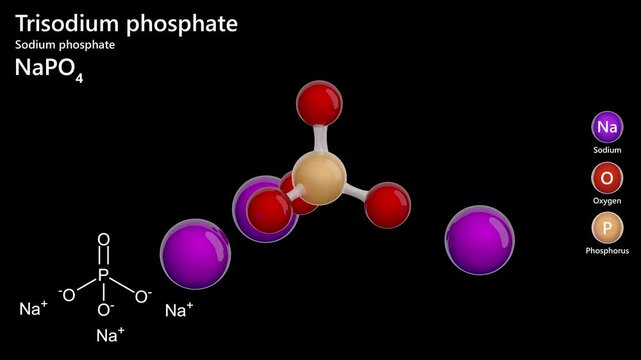 Trisodium Phosphate. E339. Animated 3D model of a molecule. Molecular formula: Na3PO4. Chemical model: Ball and stick. Black background. 3D rendering. Seamless loop.