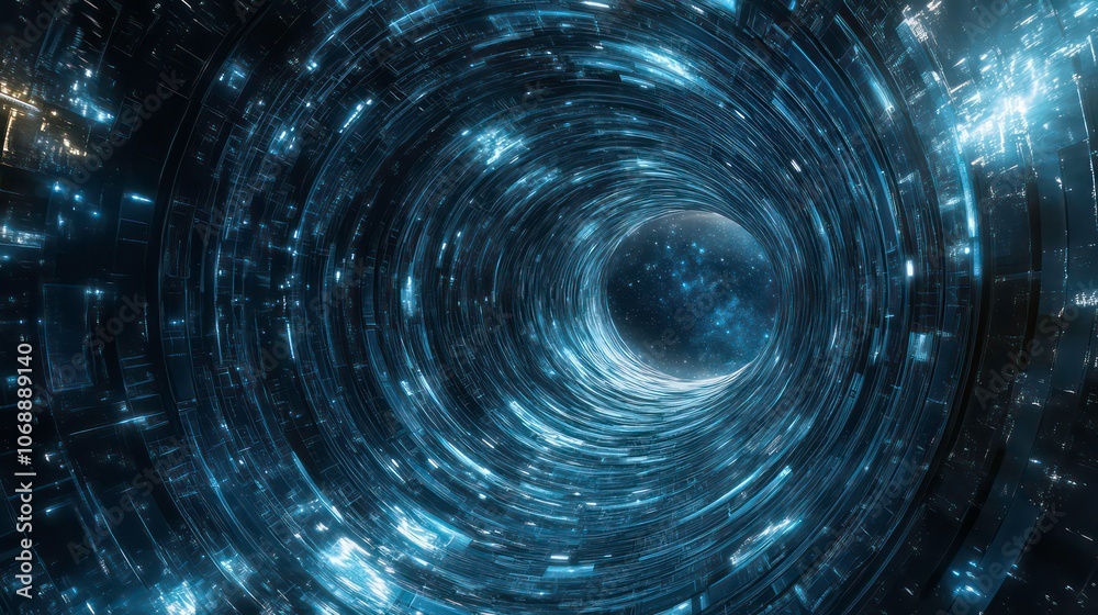 Aufkleber A hyperspace vortex with futuristic technology elements in a cosmic space background with dynamic light trails.