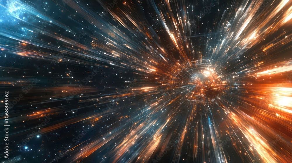 Poster A dynamic representation of space, showcasing light and movement through a cosmic perspective.