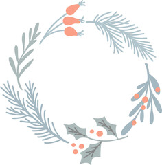 Christmas wreath with holly, berries, and pine branches creating festive decoration frame for holiday winter cards