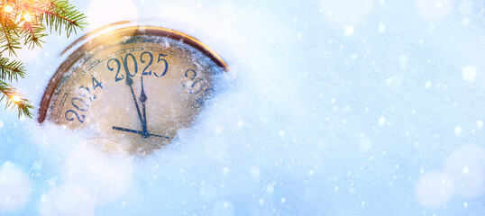 2025 Happy New Year; Christmas greeting card design background. Xmas holidays eve; Party poster, banner or invitation background with snow clocks and Christmas tree