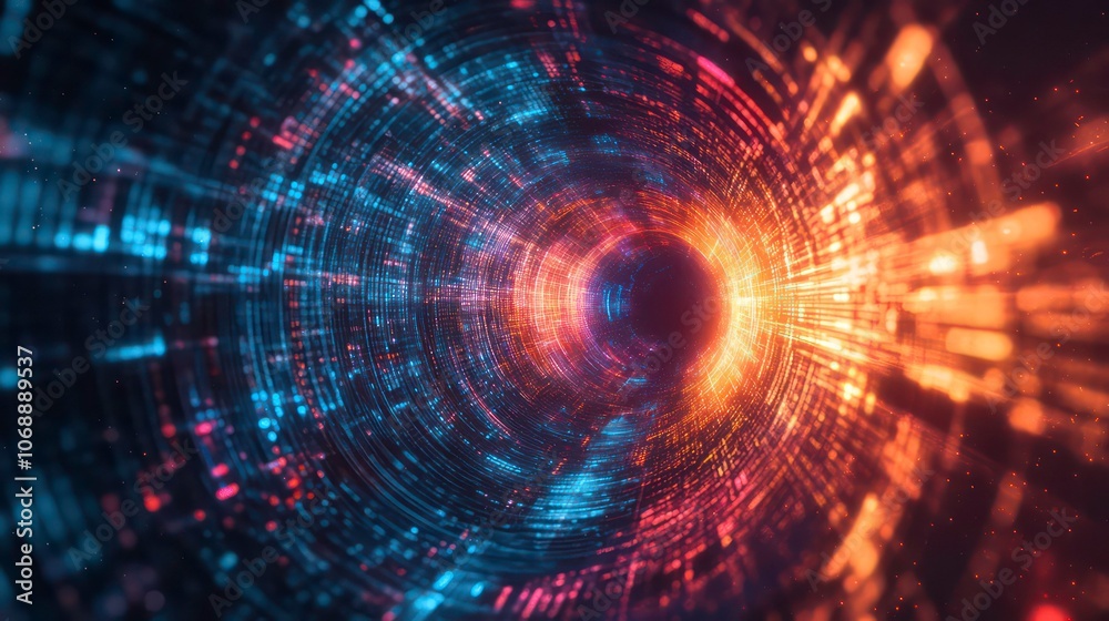 Poster A hyperspace vortex with futuristic technology elements in a cosmic space background with dynamic light trails.