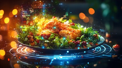Futuristic Digital Food Plate Displaying Nutrient Balance for a Healthy Meal