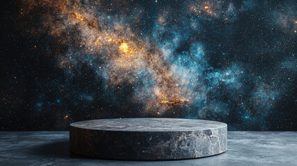 Minimalist marble podium in deep space background with stars and galaxies, creating serene and cosmic atmosphere. Perfect for showcasing products or art
