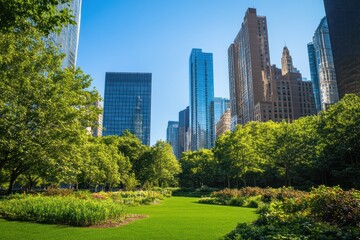 Obraz premium A vibrant urban park surrounded by towering skyscrapers under a clear blue sky.