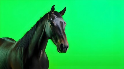 Fototapeta premium Portrait of a horse on a green background in the studio. Horse with green screen, chroma screen background image. Horse Studio photo, image . Concept for animal, zoology and capture for adverb. banner