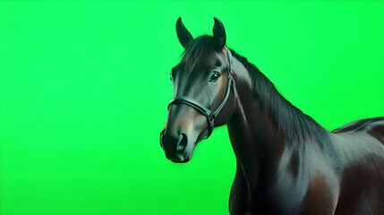 Fototapeta premium Portrait of a horse on a green background in the studio. Horse with green screen, chroma screen background image. Horse Studio photo, image . Concept for animal, zoology and capture for adverb. banner