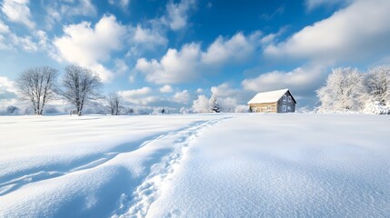 Obraz premium Snowy Winter Landscape with Farmhouse and Icy Field in Countryside