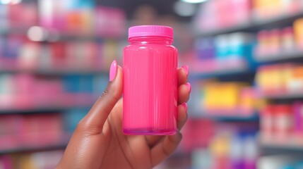 Hand holding a vibrant pink bottle in a colorful store aisle